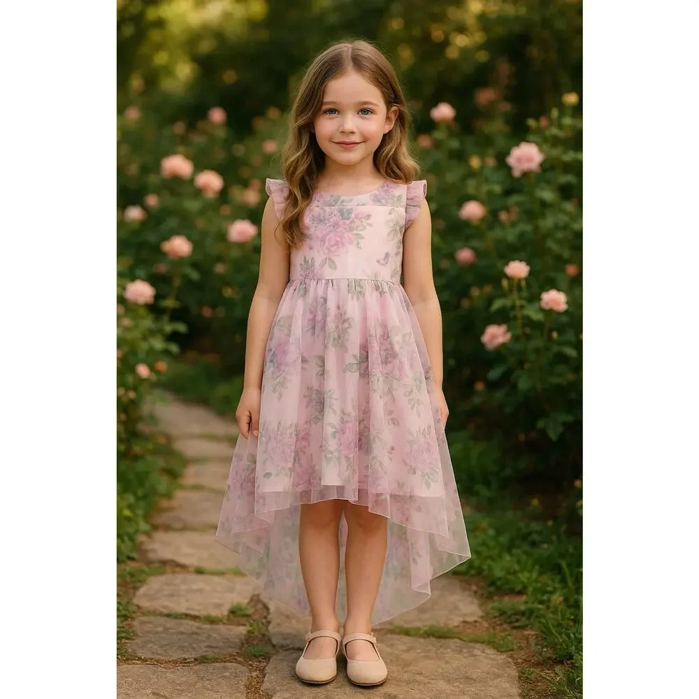 Zenzi Floral High Low Tulle Formal Girl Dress Size XS 4/5 Pink Garden Fairy EUC - Picture 1 of 14